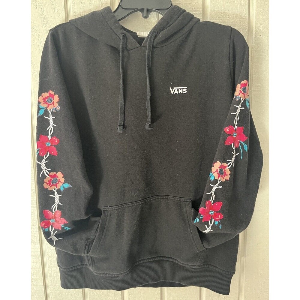 Vans Black Pullover Hoodie Black Floral Wire Sleeves - Unisex - Size Small